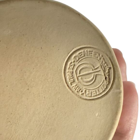 Deneen Pottery VTG Stoneware Blue Glaze Leaves Feathers Soap Dispenser Bud Vase - Picture 10 of 11